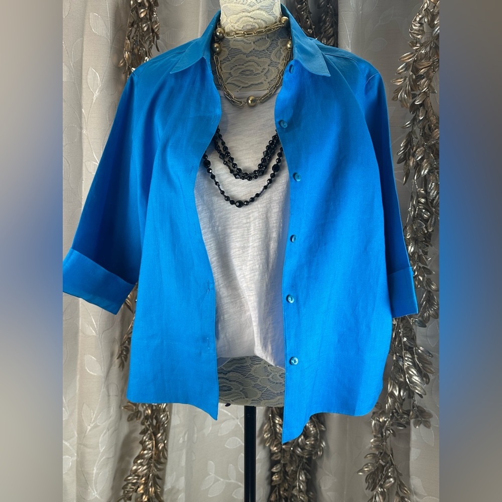 Westbound Women Cloisonne Blue‎ 100% Linen 3/4 Sleeve Button Down Shirt XL NWT